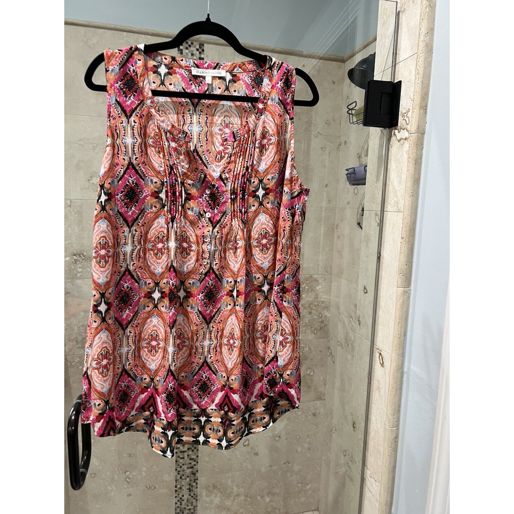 Daniel Rainn Women Floral Medallion Pleated Sleeveless Blouse Pink Orange L